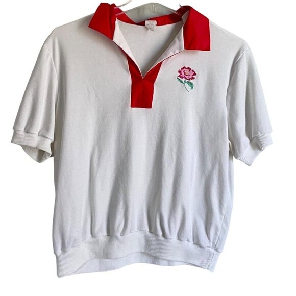 Tops - White and Pink Short Sleeve Top with Flower Women's X Large